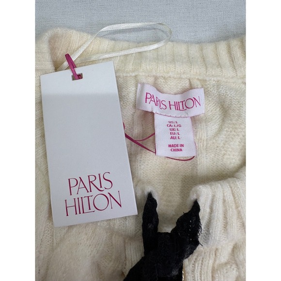 Paris Hilton Women Cardigan Large Cream Cable Knit Gold Button Black Bow NWT - Picture 5 of 6